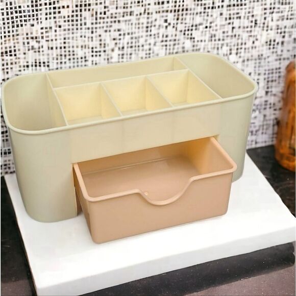 Makeup Organizer Tan Plastic Cosmetic Compartment Storage Box Pink Drawer - Picture 1 of 8